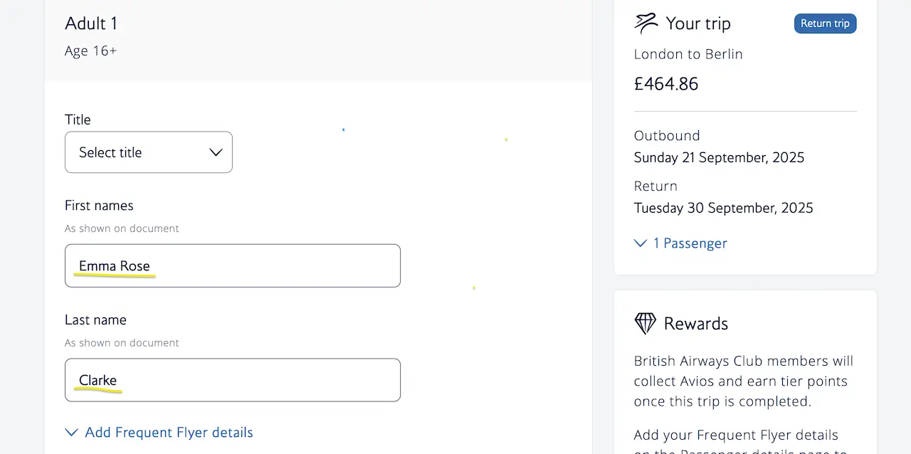 How to enter your first and middle name on the British Airways booking form
