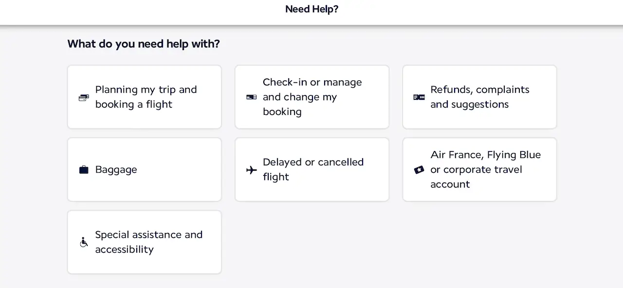 Air France contact forms options