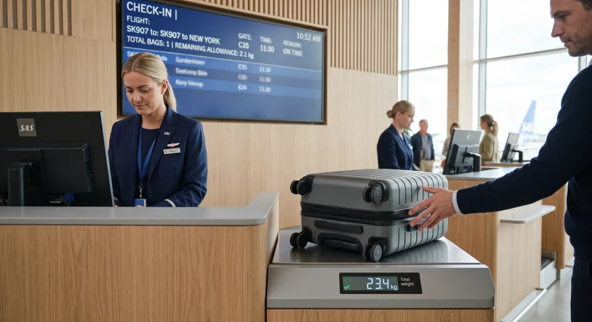 Kuffert bliver vejet ved check-in skranken