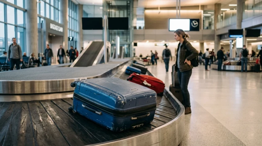 Reiziger wacht bij de bagageband op haar ingecheckte koffer