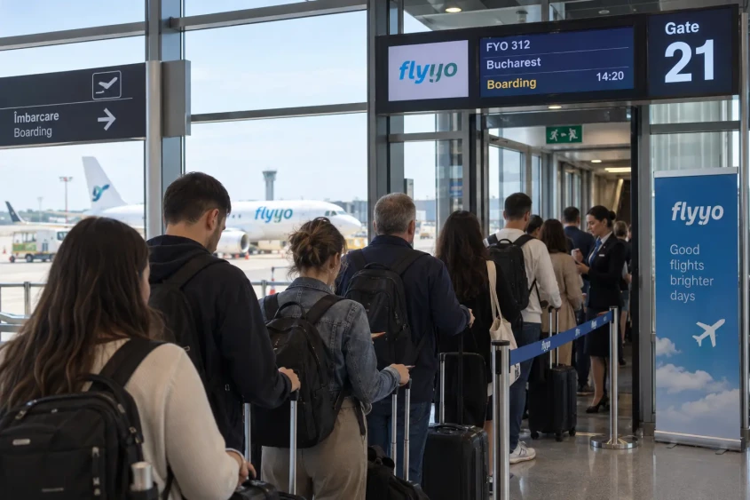 Pasageri care urcă într-un avion Flyyo