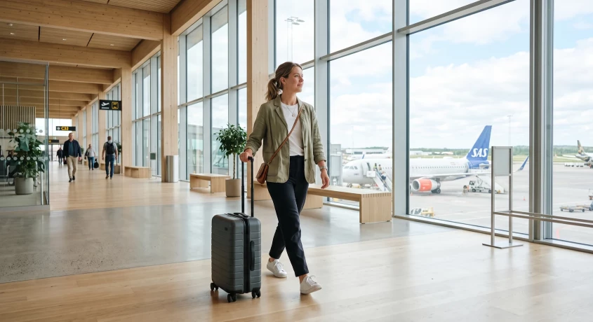 Rejsende med håndbagage-kuffert i lufthavnen