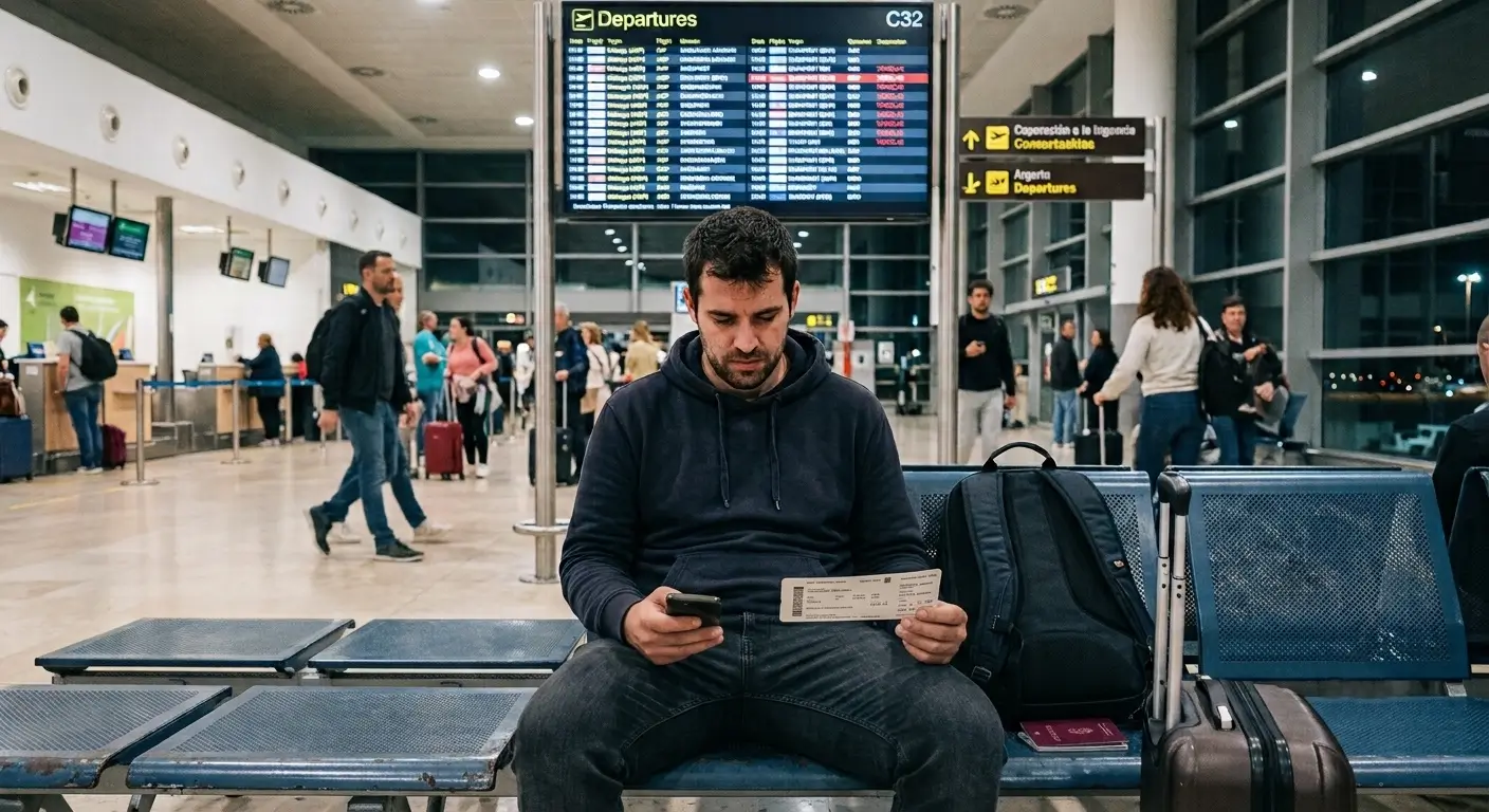 egy utas, aki a repülőtéren ül a repülőjegyével és az okostelefonjával