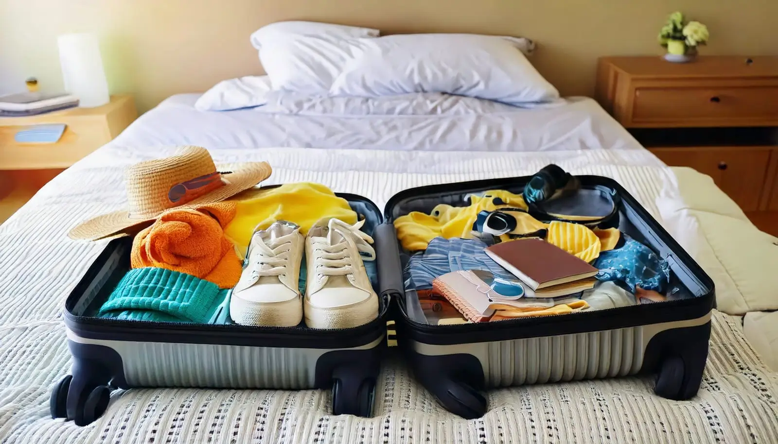 geopende koffer vol kleding op een hotelbed