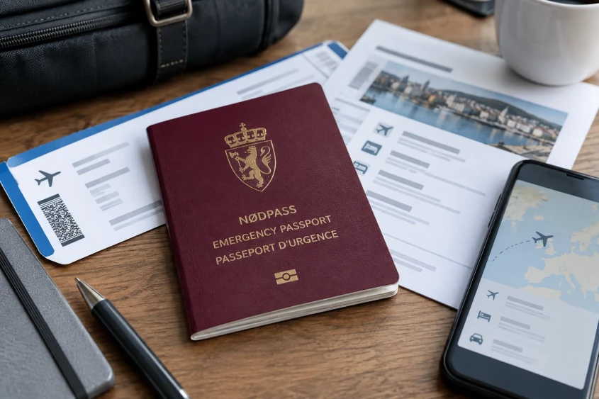 Norsk nødpass, boardingkort og reisedokumenter på et bord