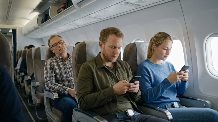 Passagiers gebruiken hun telefoon met boordwifi tijdens de vlucht