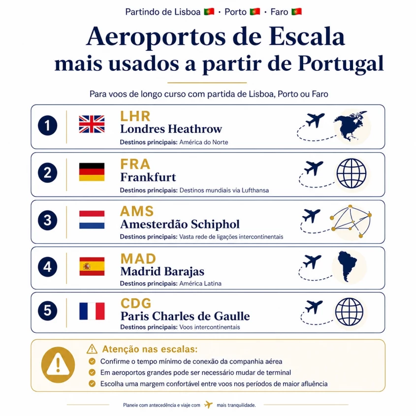 Aeroportos de escala mais usados a partir de Portugal