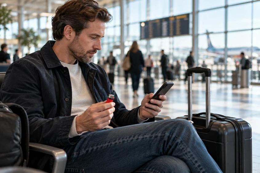 Reisende med lighter og mobil på flyplassen før avreise