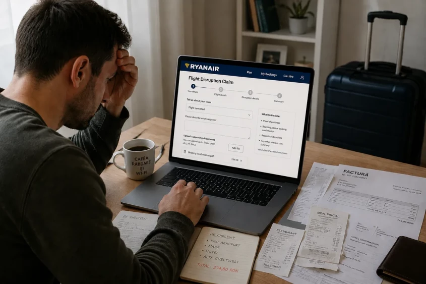 pasager depune online o reclamație Ryanair pentru zbor perturbat