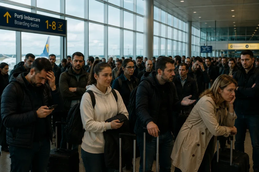 pasageri frustrați așteaptă la poarta de îmbarcare după perturbarea zborului