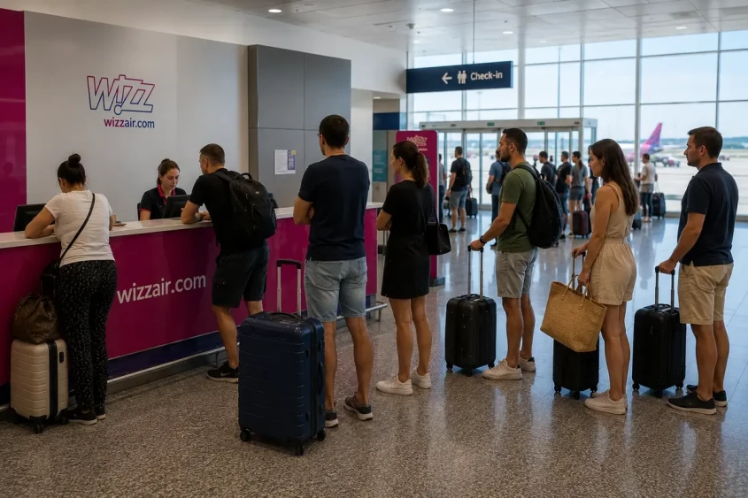 pasageri la check-in Wizz Air după anulare zbor