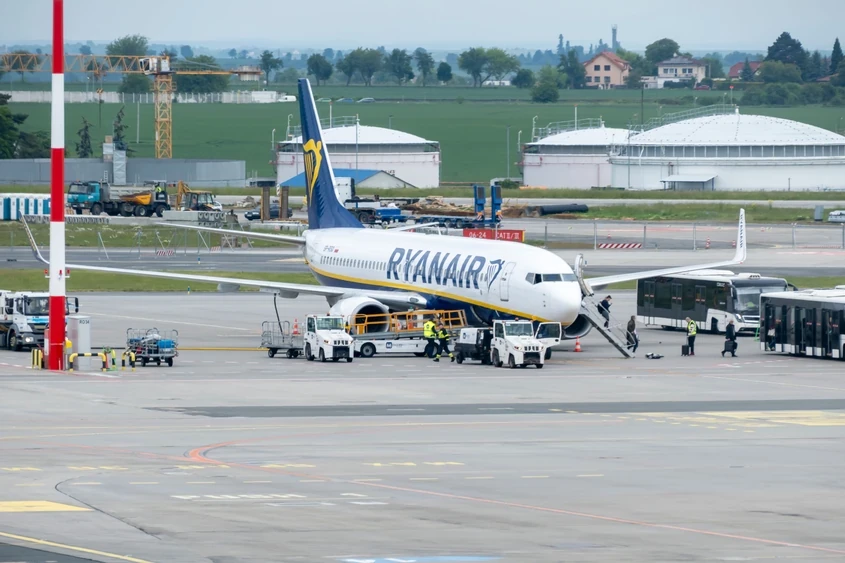 Ryanair plane being prepared for departure at the airport