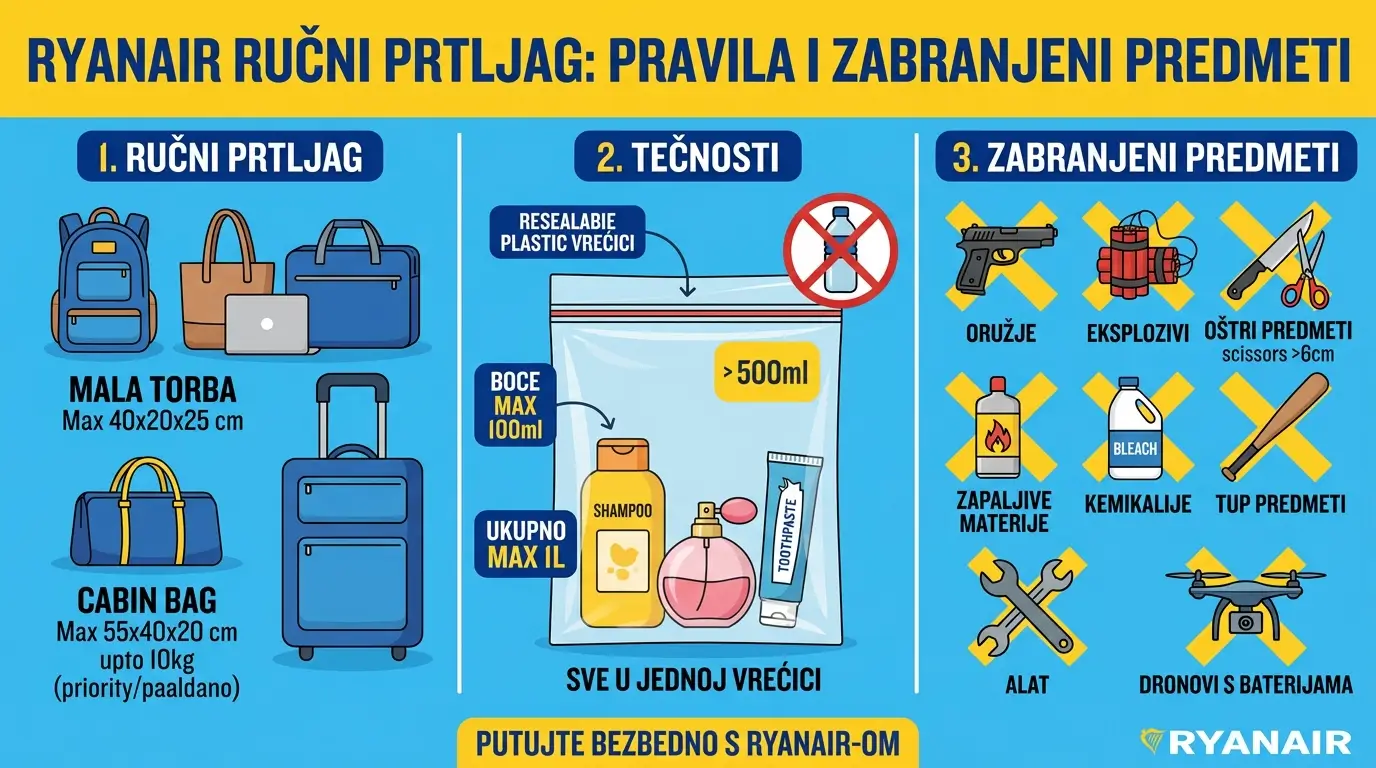 Ryanair ručni prtljag i tečnosti: zabranjeni predmeti na letu