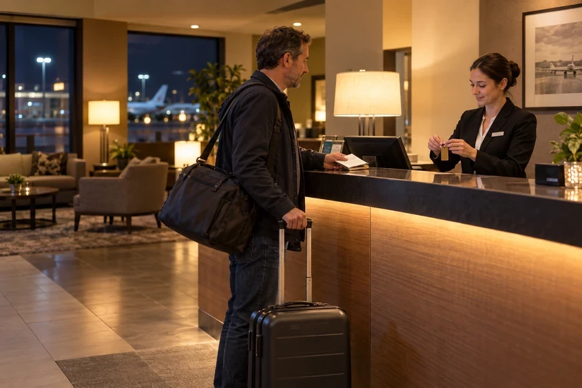 Reisende med koffert sjekker inn på et hotell nær flyplassen etter et kansellert fly