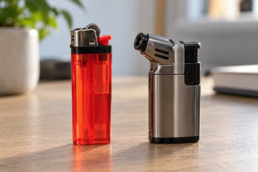 En vanlig engangslighter ved siden av en jetlighter