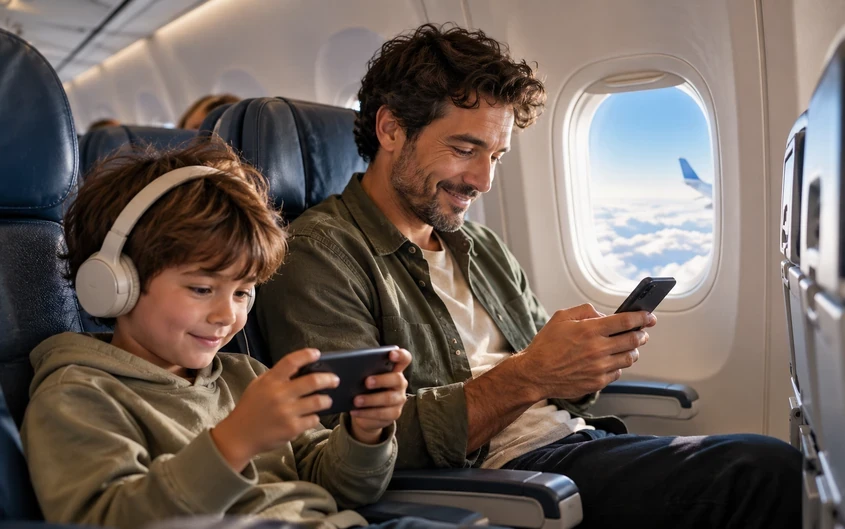 Vader en zoon gebruiken hun telefoon en spelcomputer met wifi in het vliegtuig