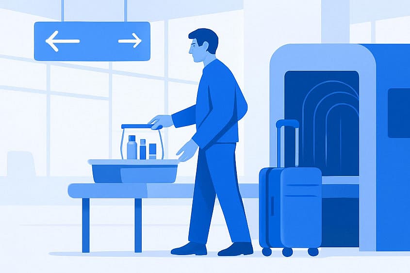 Pasager în transfer care pune punga transparentă cu recipiente mici de lichide într-o tavă, la controlul de securitate al unui aeroport