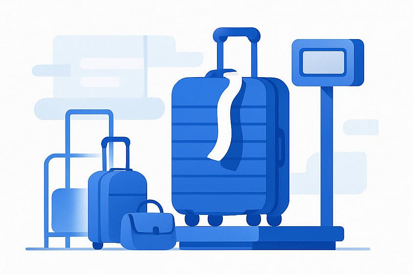 Valiză mare cu etichetă de bagaj pe un cântar de check-in, lângă un troler de cabină și o geantă mică