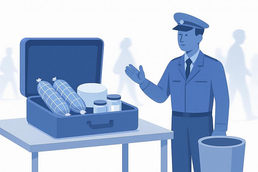 Valiză deschisă pe masa de control, cu cârnați, o roată de brânză și borcane, lângă un ofițer de frontieră