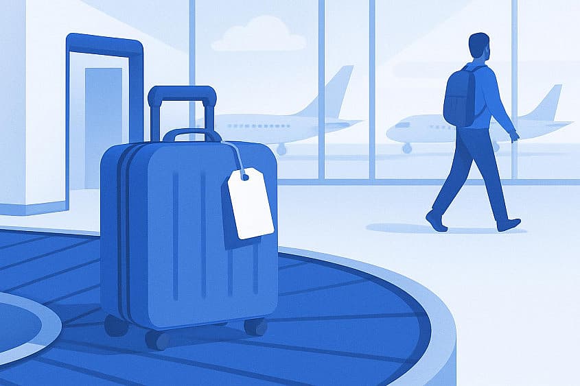 Valiză cu etichetă pe banda de bagaje dintr-un aeroport de tranzit, cu un pasager cu rucsac care merge spre poarta de transfer