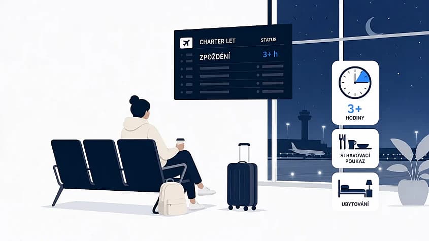 Cestující čekají v nočním letištním terminálu na zpožděný charterový let
