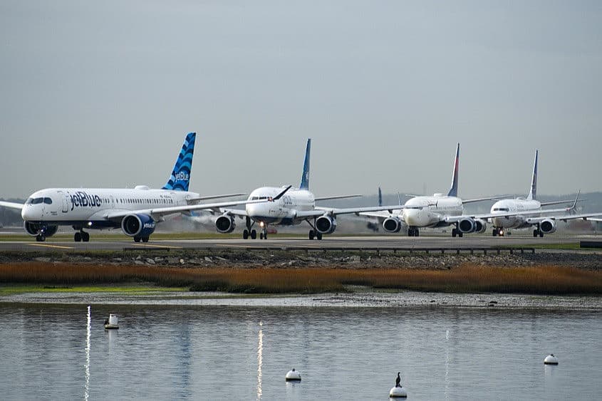 Line of planes at Boston Logan Airport