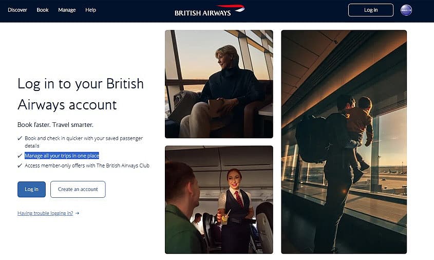 British Airways account login screen