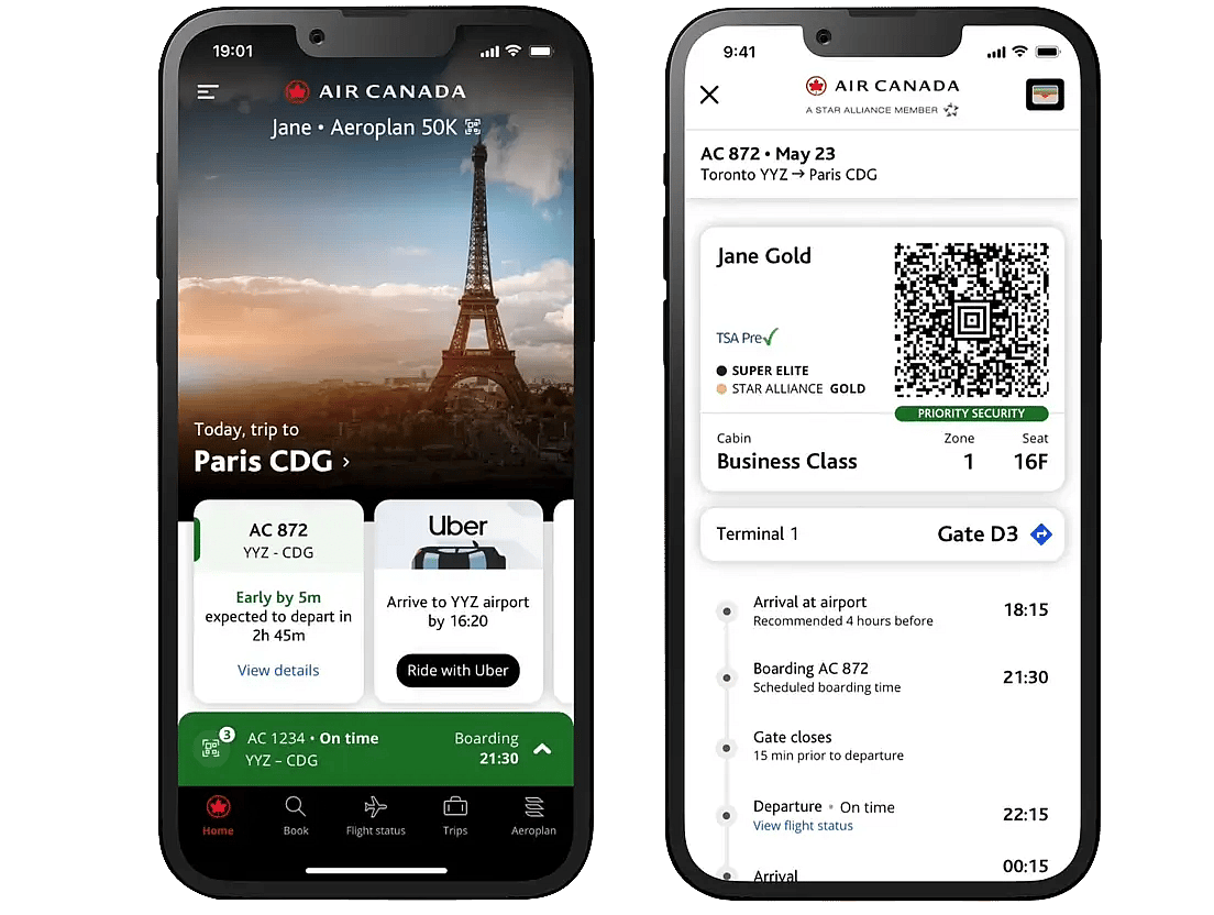 An Air Canada boarding pass displayed in the mobile app