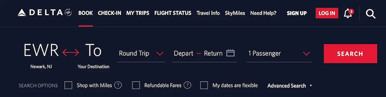 the ticket purchase page on the Delta Air Lines website