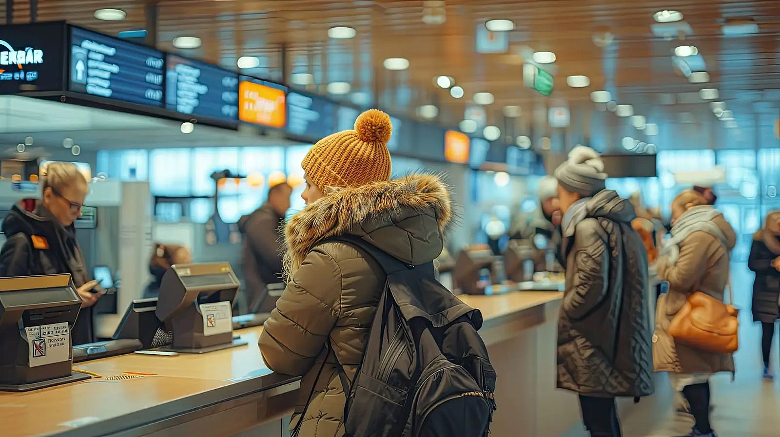 Viajante a falar com funcionários da companhia aérea no balcão de check-in do aeroporto após perder um voo de conexão