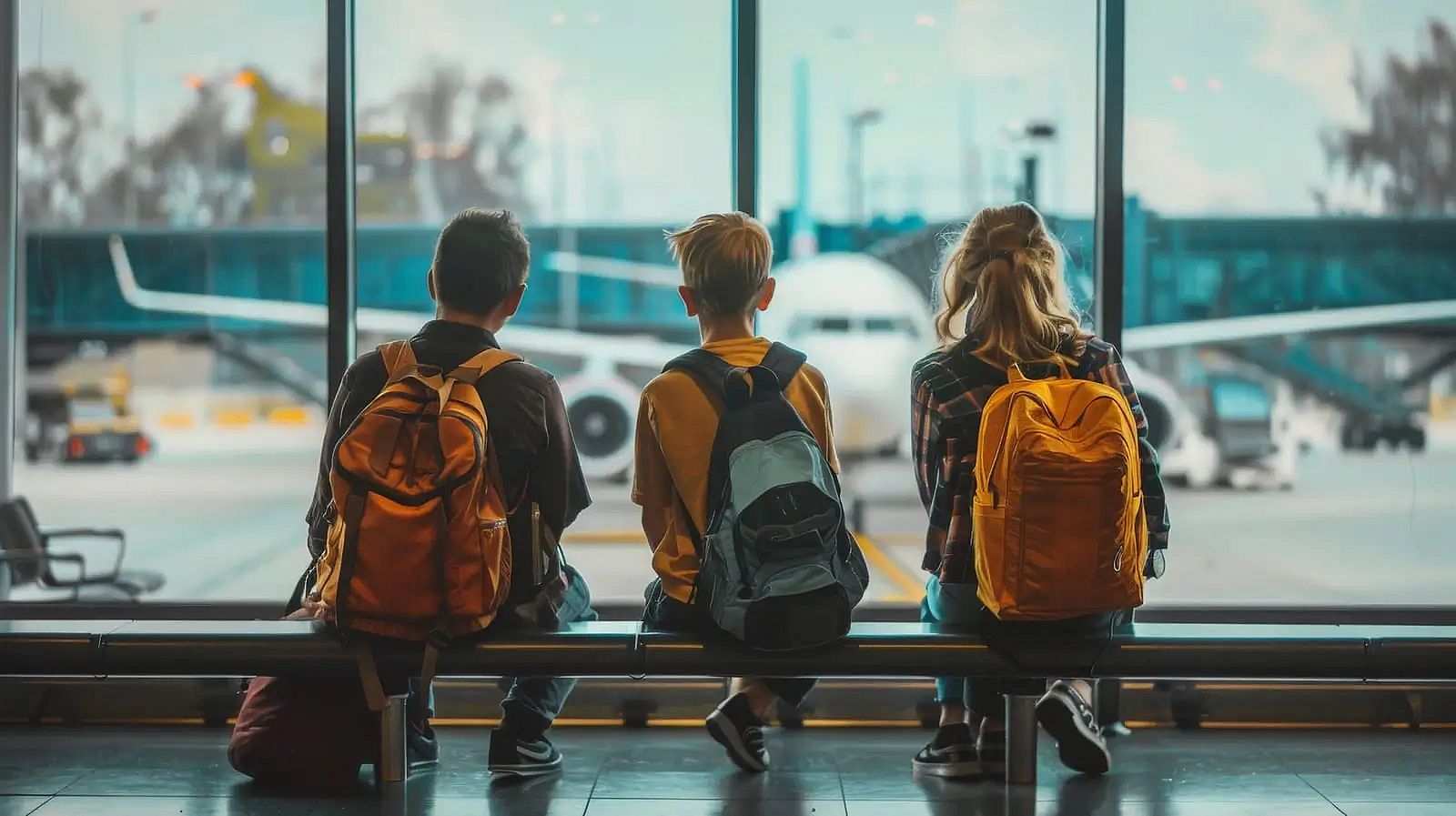 a family waiting in airport terminal