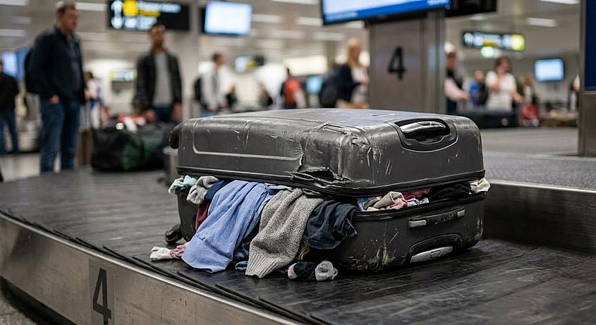 Damaged suitcase burst open on an airport baggage carousel