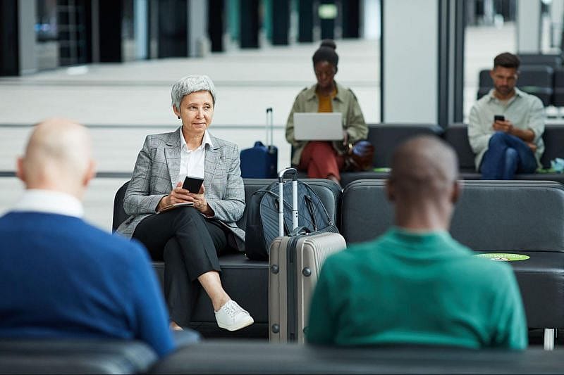Pasajeros en el aeropuerto de Madrid esperando sentados por información sobre los retrasos en Barajas