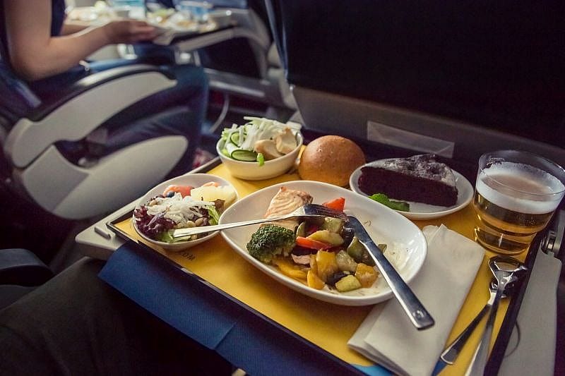 Tray of food on the plane
