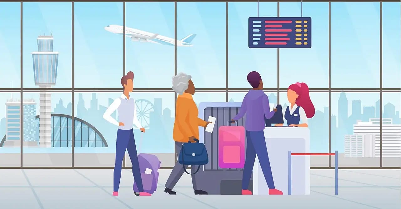 les passagers font la queue pour s'enregistrer à l'aéroport