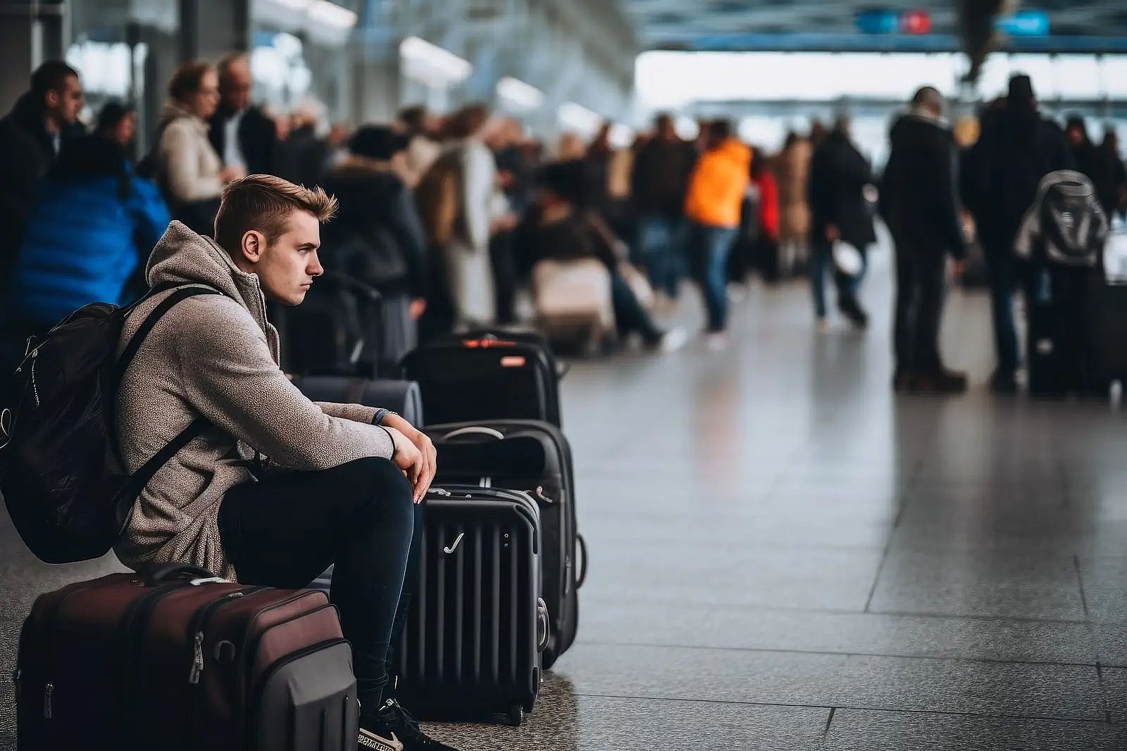 Passageiro cansado à espera de uma nova reserva após perder a conexão num aeroporto movimentado