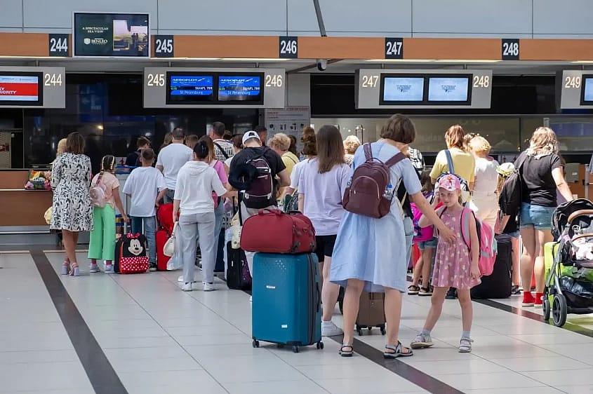 Waiting to check in at Antalya Airport in Turkey