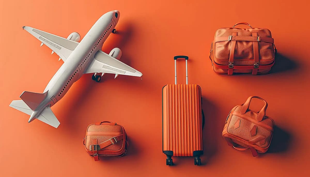 un avion blanc et divers bagages orange sur un fond orange