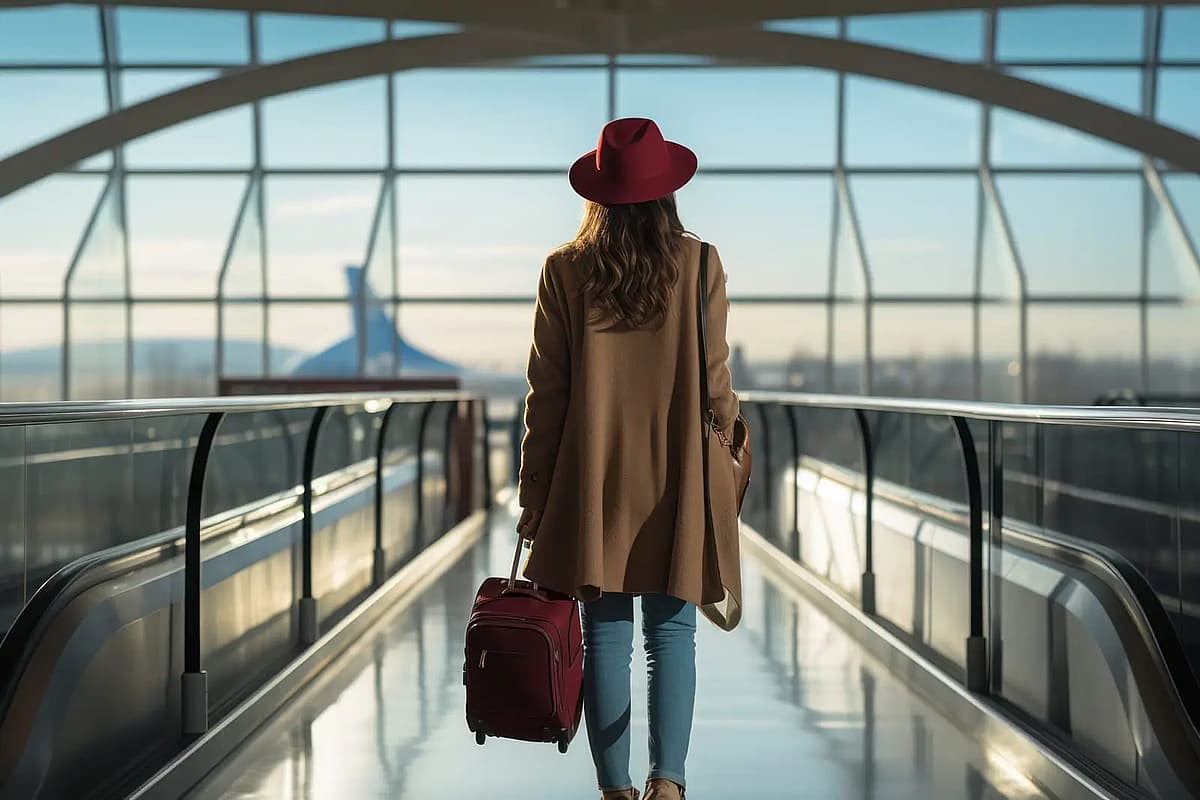 Mulher com mala de viagem num terminal de aeroporto moderno