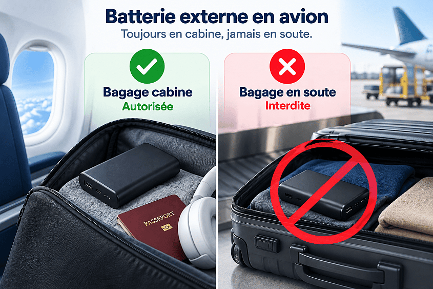 Batterie externe en avion : cabine oui, soute non