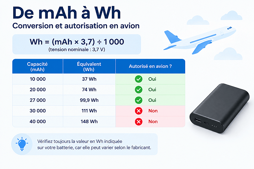Conversion mAh vers Wh pour batterie externe en avion