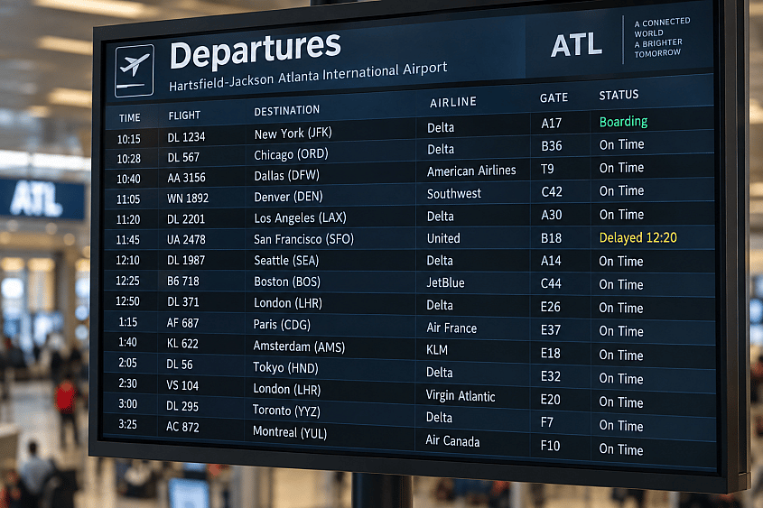 Departures board at Hartsfield-Jackson Atlanta International Airport