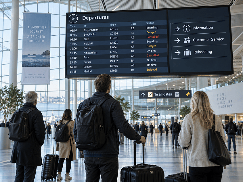 Flyreisende ved kansellertavlen på flyplassen