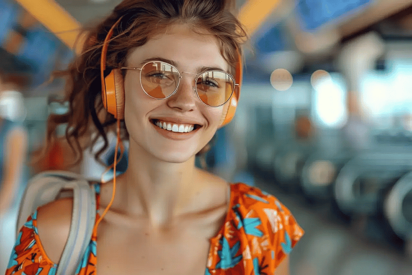 passageira sorridente com auscultadores no aeroporto
