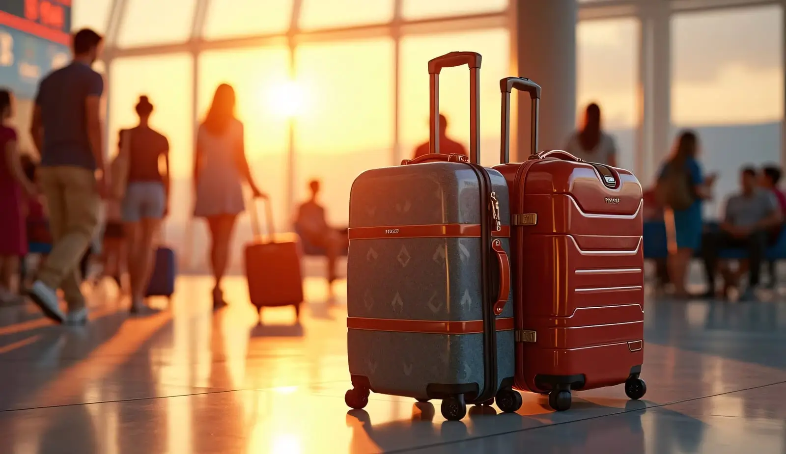 luggage is positioned in an airport reflecting light