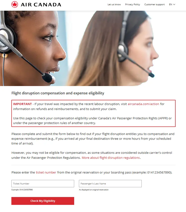 The Air Canada reimbursement process start page