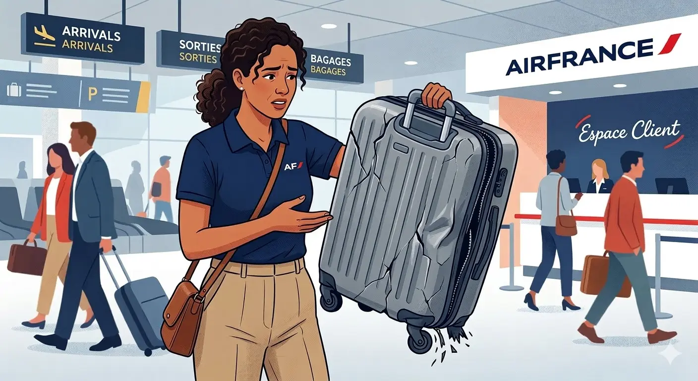 Passenger holding a damaged suitcase at an Air France baggage service desk in an airport arrivals area