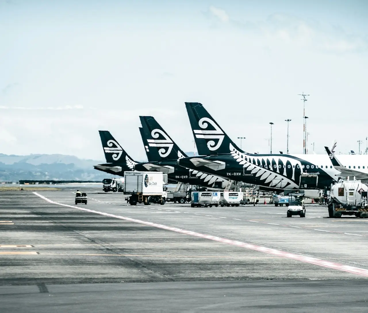Air New Zealand plane tails parked at the gate at Auckland Airport