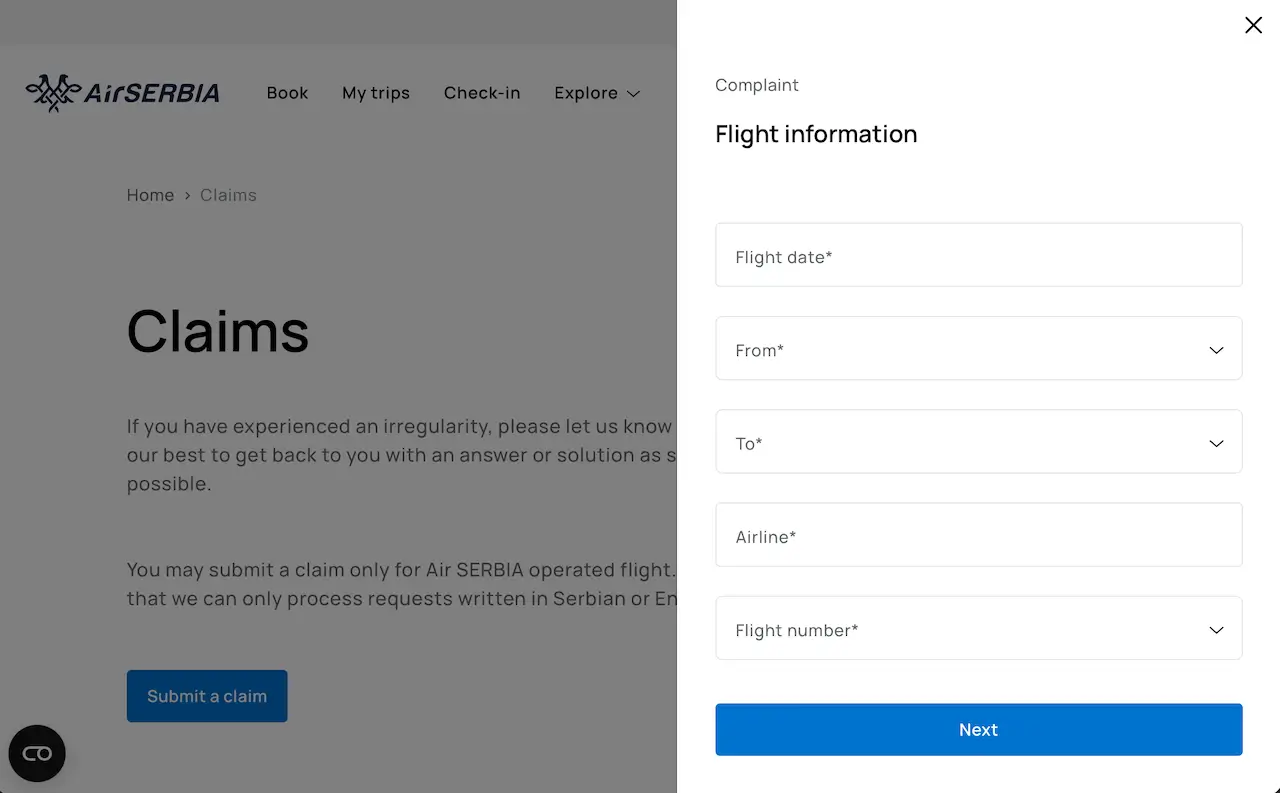 Formular oficial de reclamații Air Serbia