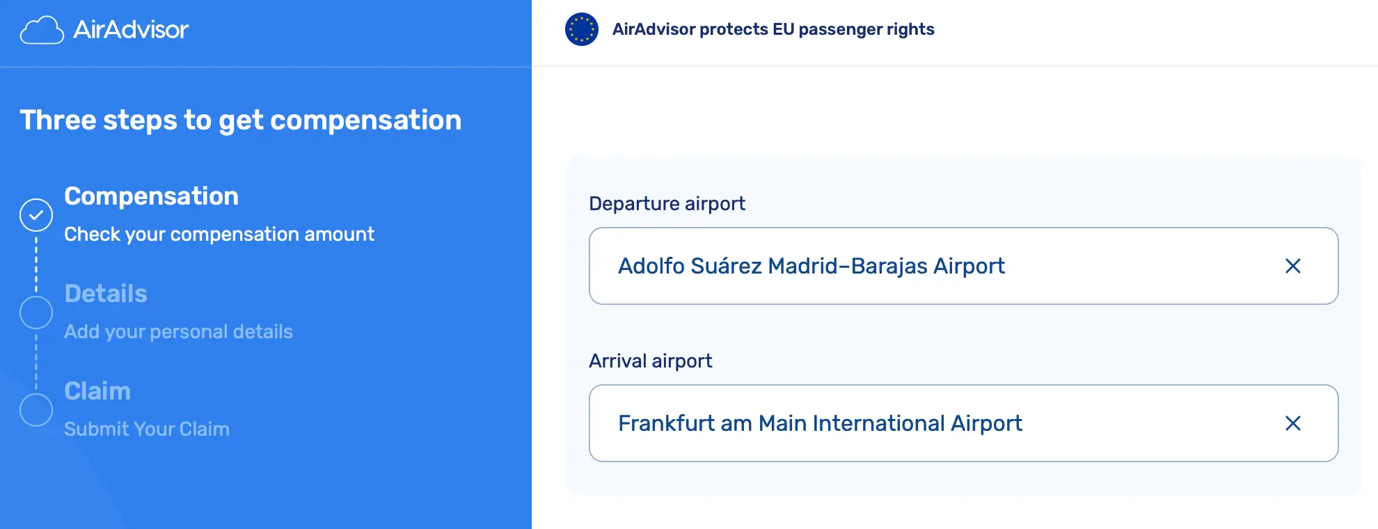 Step 2 of online form to specify if the flight was a direct flight or connecting flight